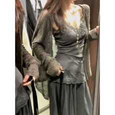 批发三件套女2026夏季新款慵懒风长袖防晒开衫蕾丝吊带背心高腰阔腿裤