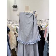 批发夏季新款宽松扭结设计通勤休闲百搭木耳花边背心套装女