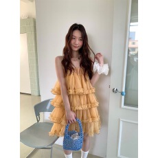 批发木木淘屋网纱吊带<b class='q'>连衣裙</b>女2026夏季新款法式韩系无袖蓬蓬蛋糕裙子