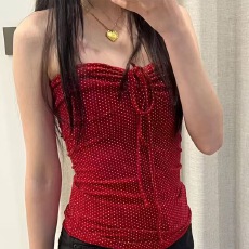 批发甜美BM风女夏季新款蝴蝶结红色波点吊带抹胸性感显瘦系带背心上衣