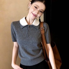 批发高级感娃娃领针织短袖T恤<b class='q'>女</b>春夏季新款洋气减龄假两件打底衫上衣