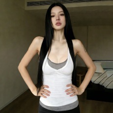 批发<b class='q'>街头</b>辣妹百搭撞色拼接两件套挂脖吊带简约基础修身叠穿背心上衣
