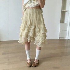 批发奶油风高腰蛋糕裙女大码不规则层次荷叶边显瘦<b class='q'>半身</b>裙中长款压褶裙