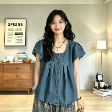 批发<b class='q'>复古</b>短袖牛仔衬衫女宽松2026夏季新款设计感气质衬衣ins小众上衣