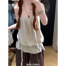 批发法式气质收腰麻绳绑带亚麻吊带背心女夏季显瘦薄款外穿通勤风上衣