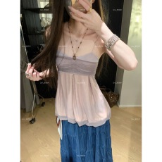 批发韩系chic温柔风网纱拼接褶皱吊带背心女夏季纯欲修身打底外穿上衣