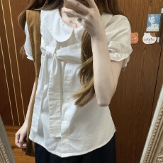 批发韩系学院风蝴蝶结系带娃娃领短袖衬衫女夏季新款宽松显瘦百搭上衣