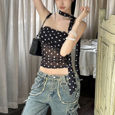 批发2025韩版甜辣气质黑色波点网纱抹胸背心女夏季修身性感微透上衣