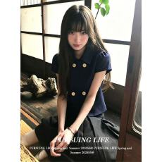 批发韩系学院风娃娃领短袖衬衫女夏季双排扣正肩短款衬衣修身显瘦上衣