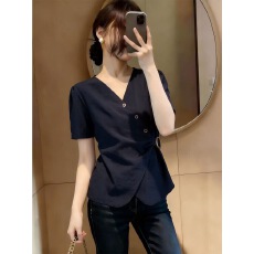 批发轻熟设计感收腰短袖衬衫夏季女2026新款大码显瘦复古气质百搭衬衣