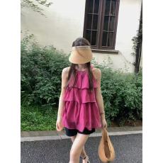 批发大码火龙果色无袖露肩挂脖雪纺衬衫女夏季宽松显瘦温柔风法式上衣