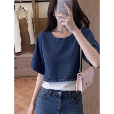 时尚牛仔短袖上衣女2026年夏季蓝色设计感减龄高级感洋气春季新款