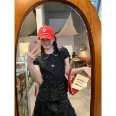 黑色娃娃领波点收腰短袖衬衫上衣女夏季新款韩系学院风衬衣