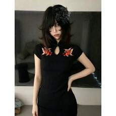 批发复古新中式上衣女千禧辣妹显瘦旗袍国风短袖<b class='q'>t</b><b class='q'>恤</b>锦鲤刺绣古着Y2K