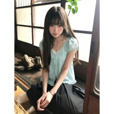 批发甜美风薄荷绿泡泡袖衬衫女夏蝴蝶结系带温柔风上衣内搭吊带两件套