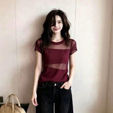 批发网纱透视纯欲短袖T恤女圆领百搭休闲上衣夏季薄款优雅大方<b class='q'>打底衫</b>