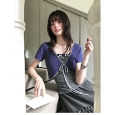 批发【蓝紫砚灰】复古条纹吊带背心藏蓝开衫上衣夏季新款甜美两件<b class='q'>套装</b>
