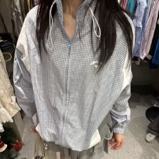 批发拼色抽绳<b class='q'>立领</b>格子薄款防晒女设计感休闲宽松百搭拉链款外套夏新款