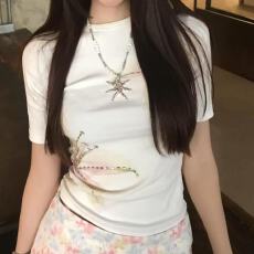 批发【优质棉】夏季圆领正肩T恤<b class='q'>半袖</b>修身掐腰上衣烫钻百合印花设计