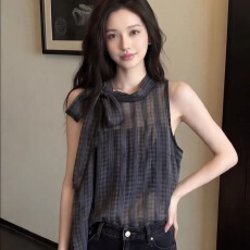 批发韩版气质格纹无袖背心<b class='q'>衬衫</b>上衣2026夏季新款时尚<b class='q'>蝴蝶结</b>小衫<b class='q'>衬衣</b>女