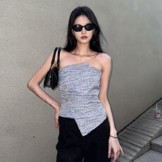批发法式复古辣妹风不规则抹胸背心女夏季设计感修身显瘦无袖上衣