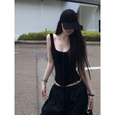 批发黑色拉链吊带小背心女2026夏季<b class='q'>新款</b>纯欲辣妹收腰修身显瘦无袖上衣
