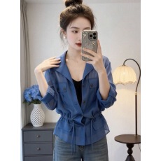 批发显白克莱因蓝收腰雪纺<b class='q'>衬衫女</b>夏季微透防晒衫设计感小众爆款上衣
