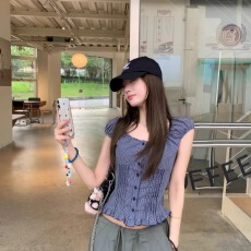 批发复古套<b class='q'>装</b>格纹单排扣方领短袖衬衫女夏季高腰抽绳阔腿休闲<b class='q'>裤</b>两件套