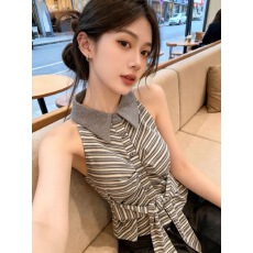 批发美式辣妹条纹翻领挂脖针织背心女2026夏季新款设计感收腰显瘦上衣
