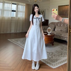 批发夏季气质小白裙连衣裙白色长裙子娃娃领公主裙蝴蝶结收腰显瘦长裙