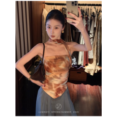 批发花色网纱挂脖抹胸女夏季2026新款纯欲风设计感<b class='q'>百搭</b>潮飘带设计上衣