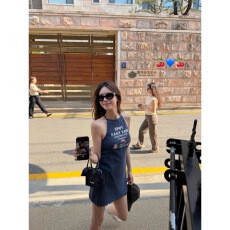 批发「樱桃厘<b class='q'>子</b>酱」美式复古波点字母印花挂脖夏季款修身显瘦连衣裙<b class='q'>子</b>