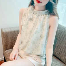 批发法式碎花无袖背心<b class='q'>雪纺</b>衫女夏季2026新款韩版小众气质露肩挂脖上衣