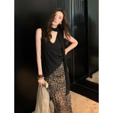 批发夏季2026新款法式洋气时髦飘带无袖<b class='q'>雪纺</b>背心豹纹半身裙包臀套装女