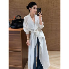 批发休闲宽松长款轻薄防晒<b class='q'>风衣</b>女2026夏季新款大翻领系带显瘦开衫外套