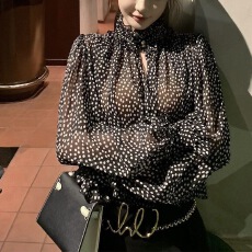 批发韩系温柔风波点雪纺衬衫女2026<b class='q'>春</b>季新款宽松显瘦百搭长袖印花上衣