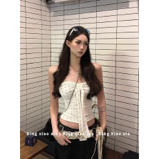 批发白色波点蝴蝶结系带抹胸背心女<b class='q'>夏</b>季法式性感辣妹紧身显瘦裹胸上衣
