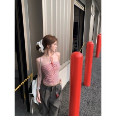 批发条纹蝴蝶结系带抹胸女夏性感辣妹美式复古设计感小众修身短款上衣