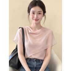 批发大码法式粉色荡领<b class='q'>短袖</b><b class='q'>T</b><b class='q'>恤</b>女夏季胖mm<b class='q'>雪纺</b>拼接设计感气质显瘦上衣
