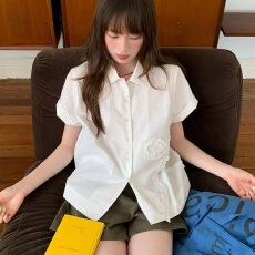 批发纯色正肩本布花边蝴蝶结<b class='q'>衬衫</b>夏季女宽松拼接<b class='q'>衬衣</b>短袖上衣