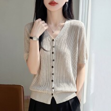 批发<b class='q'>正品</b>撤柜天丝亚麻镂空针织开衫夏季新款短袖T恤女新款上衣