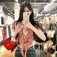 批发辣妹荷叶边绑带红色格子短袖衬衫女夏季设计感短款衬衣上衣