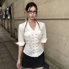 批发白色衬衫女款2026新款夏季法式小资漂亮上衣收腰修身衬衣女