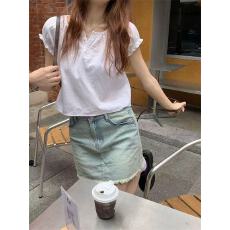 批发简约木耳边泡泡袖白色衬衫女夏季2023新款时尚短款修身小清新上衣