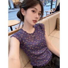 温柔碎花圆领短袖T恤女夏季透气双层网纱收腰显瘦百搭气质小上衣