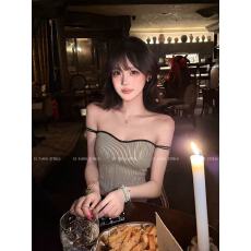 批发纯欲辣妹风计感条纹一字肩背心女夏新气质御姐抹胸性感短款上衣