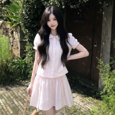 批发甜美风娃娃领短袖衬衫系带半身短裙两件套女夏季小个子粉色套装裙