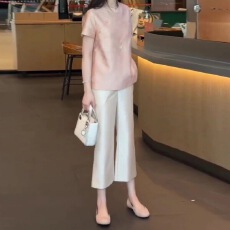 批发夏天<b class='q'>新款</b>超好看时尚套装女新中式国风粉色短袖上衣阔腿裤两件套