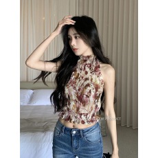 批发法式碎花半高领短款<b class='q'>雪纺衫女</b>夏收腰显瘦无袖褶皱辣妹背心印花上衣