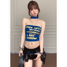 批发美式辣妹字母印花挂脖抹胸背心女<b class='q'>春</b>夏新款设计感小众修身显瘦上衣
